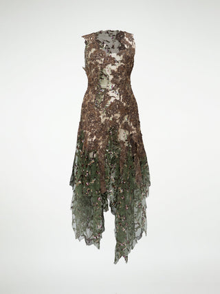 A brown and green sleeveless  lace dress with an irregular hem.