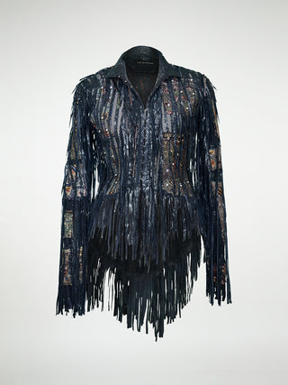 A front view of a black leather jacket with fringes and embellished with antique tapestry and Swarovski crystal rivets.