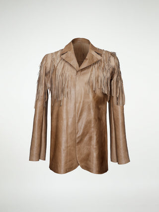 A brown leather blazer with hand-cut fringes and metal stud detailing.