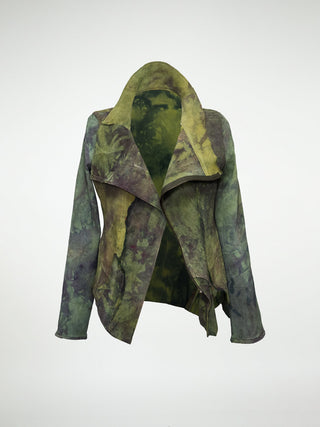 A hand-dyed leather jacket with a wide collar and a raw leather hem, featuring a marbled blend of greens, browns, and golds.