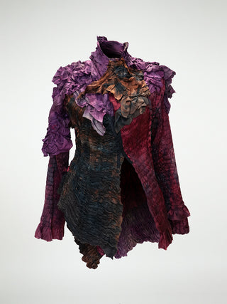 A pink and purple hand-dyed jacket with an irregular drape.
