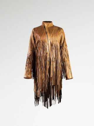 Long brown leather jacket with long cascading fringes on the body and sleeves.