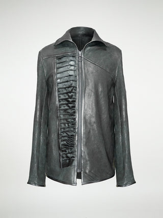 The front view of a black leather men's jacket with a panel of pleated cowhide on the front and back.