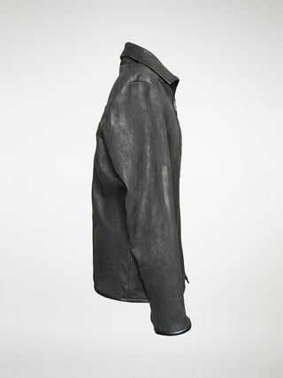 The side view of a black leather men's jacket with a panel of pleated cowhide on the front and back.