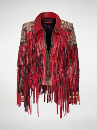 A jacket with red and bronze hand-cut fringes, antique embroidery and beading, and a metal hook and eye closure.