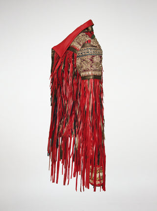 Side view of red and bronze fringed jacket on a white background