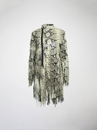 A jacket with embossed lamb leather and hand-cut fringes, featuring a snake pattern. The jacket is primarily in shades of brown and tan with black metal zipper closure.