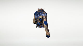 A back 3/4 view of a bronze, gold, and blue mosaic jacket. The base is blue gathered silk with heavy appliqué of gold and bronze lace and blue metallic leather fringes across the back shoulders.