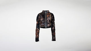 Black, brown, and bronze mosaic jacket featuring leather fringes on the shoulders, 3D lace, french lace, sequins, and leather appliqué.