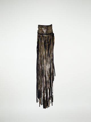 A metallic gold fringed neckpiece with a leather metal snap closure, draping down the front of the body.