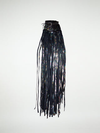A fringed holographic leather neckpiece with a metal snap closure, predominantly black with a mix of metallic accents.