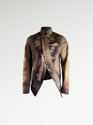 A hand-dyed wool coat with a military style in brown and black,, featuring a metal snap closure.