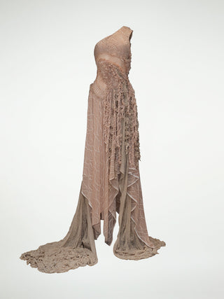 A blush-hued, sheer mesh gown with cascades of tendrils and a draped skirt featuring frayed knit detail.
