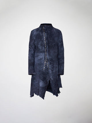 A blue hand-dyed leather coat with a raw edge hem and metal snap closure.