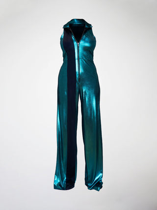 A sleeveless metallic teal jumpsuit with a wide-leg silhouette and metal zipper closure.