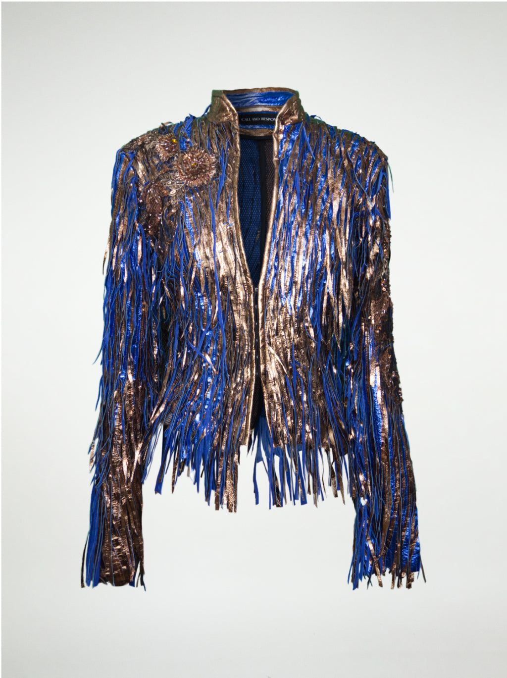 Metallic fringe jacket with blue and bronze colors on a white background