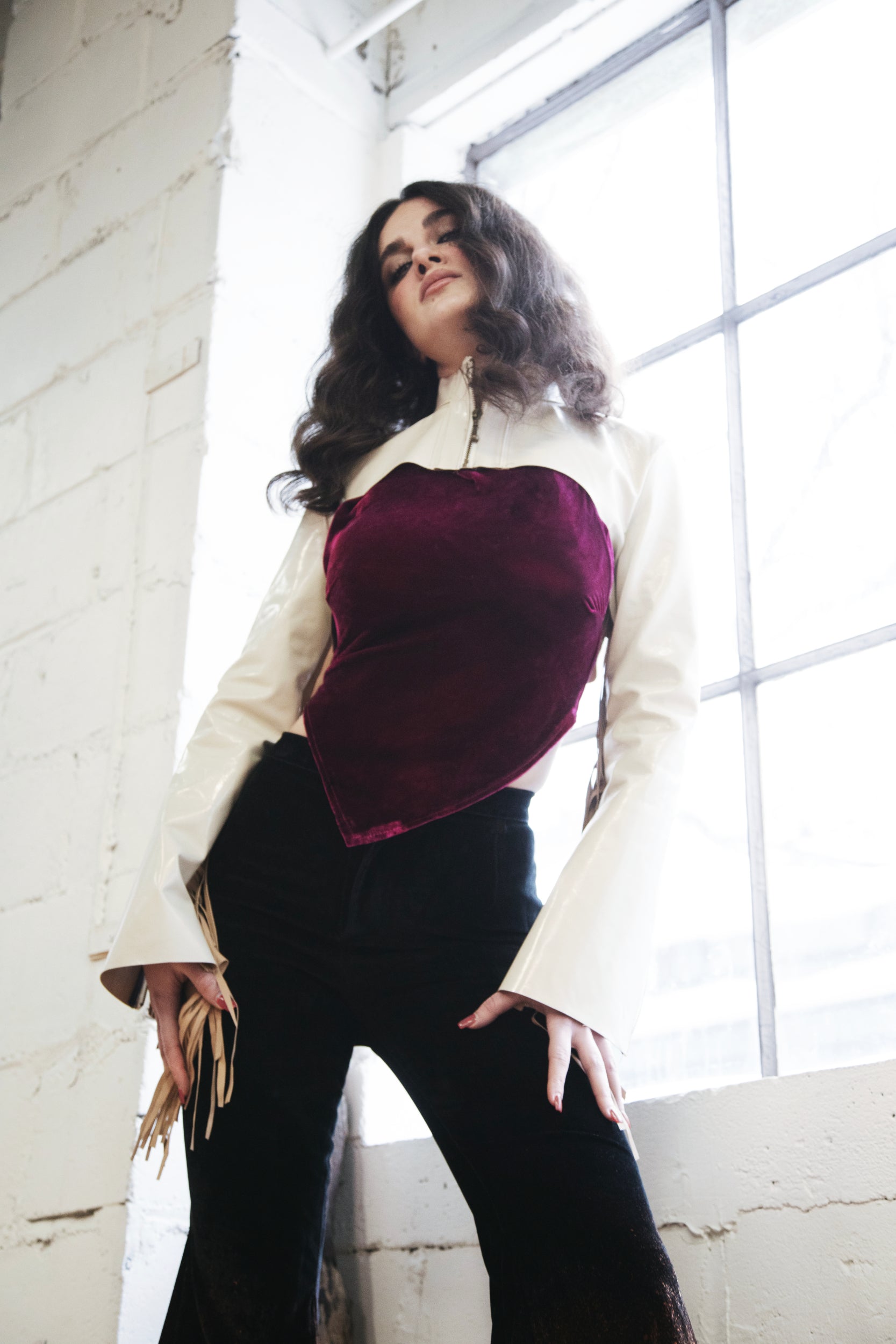 White fringe shrug