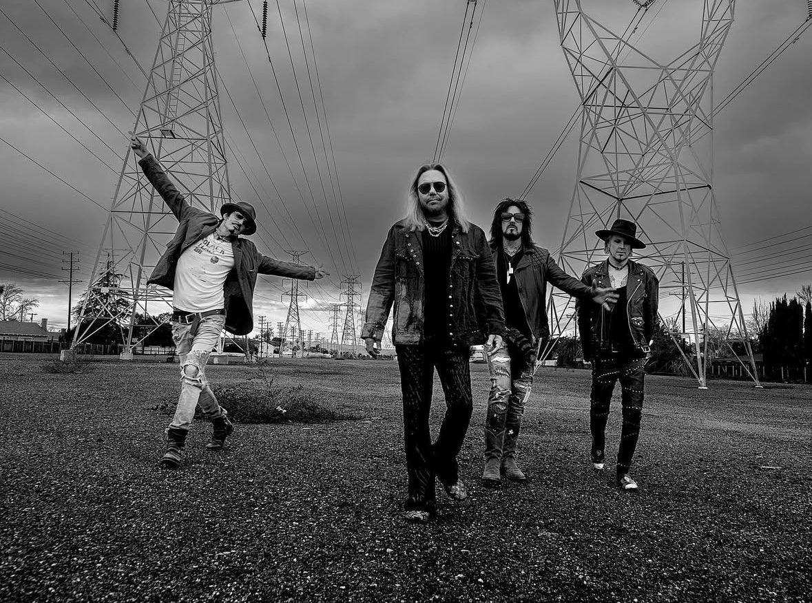 Vince Neil wearing a Call and Response Jacket and pants in a promo photo for Mötley Crüe 