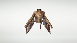 Leopard print jacket with fringes on the sleeve and down the left side of the body. 