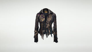 A short black, brown, and bronze jacket with antique tapestry appliqué, leather overlay, and fringes.