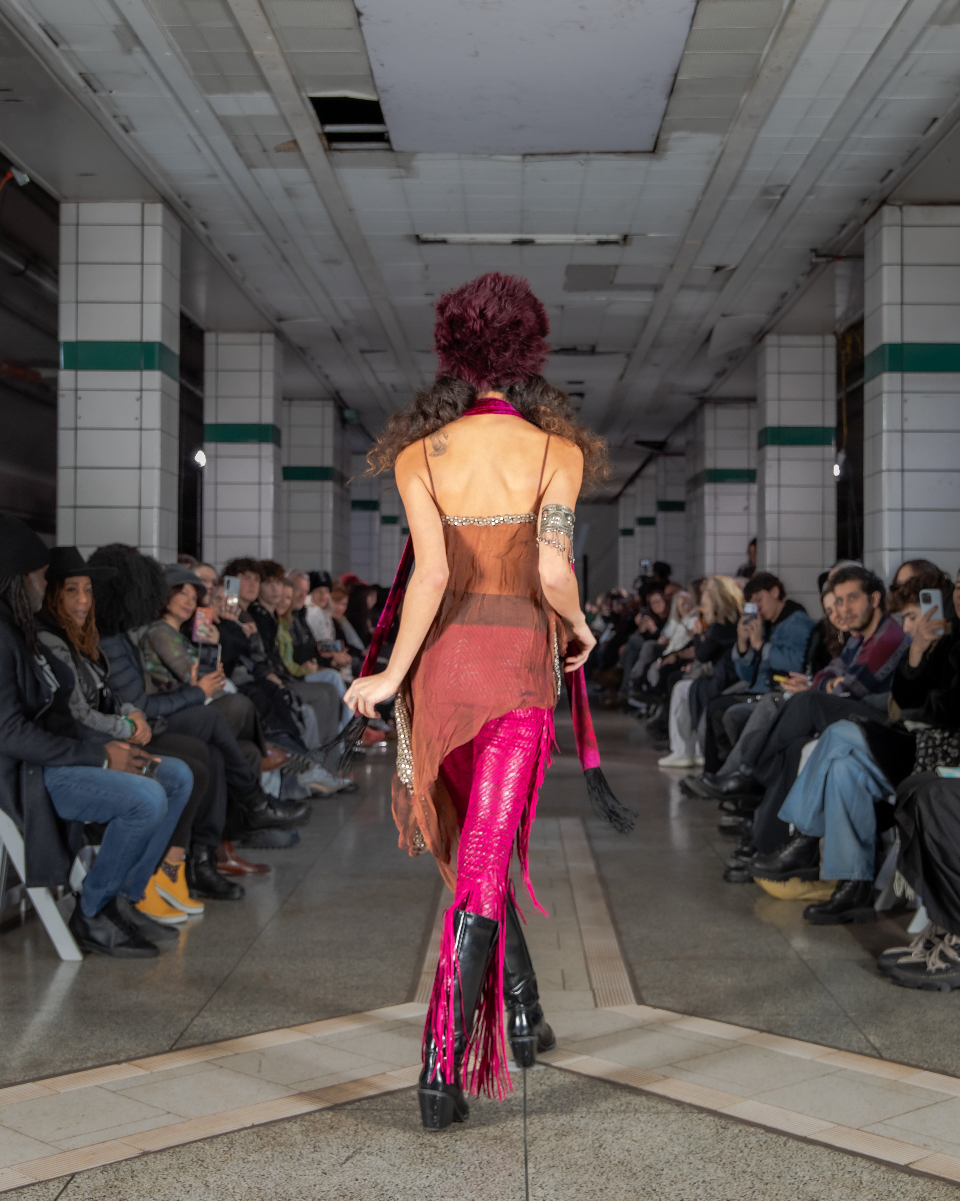 Pink fringed bladed leather leggings