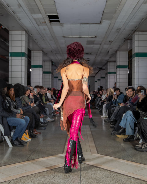 Pink fringed bladed leather leggings