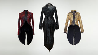 three tail coats: the first is red and black with black abstract swirls across the chest. The second is black hair-on cowhide with a lace-up back, and the third is the front of a gold and black tailcoat.