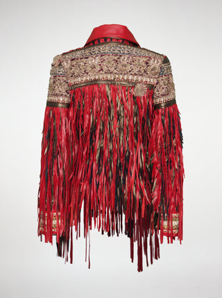 Back view of red and bronze fringed jacket on a white background