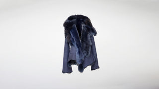 Blue shearling coat with a hood.
