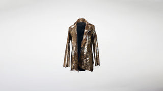 Metallic gold croc-print leather jacket with raw, irregular edges.
