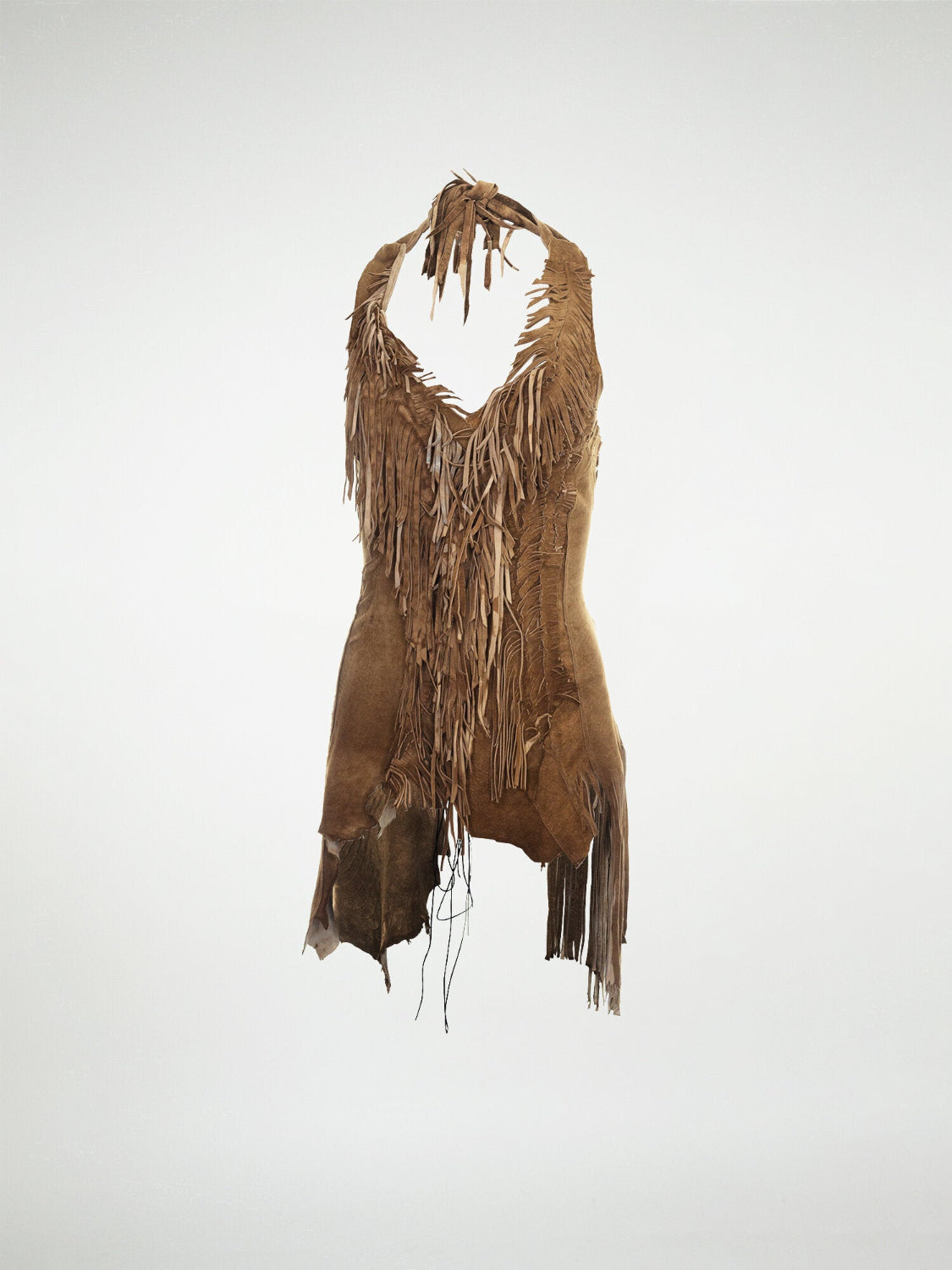 A brown halter-style top with hand-cut fringes and a corset-lace back.