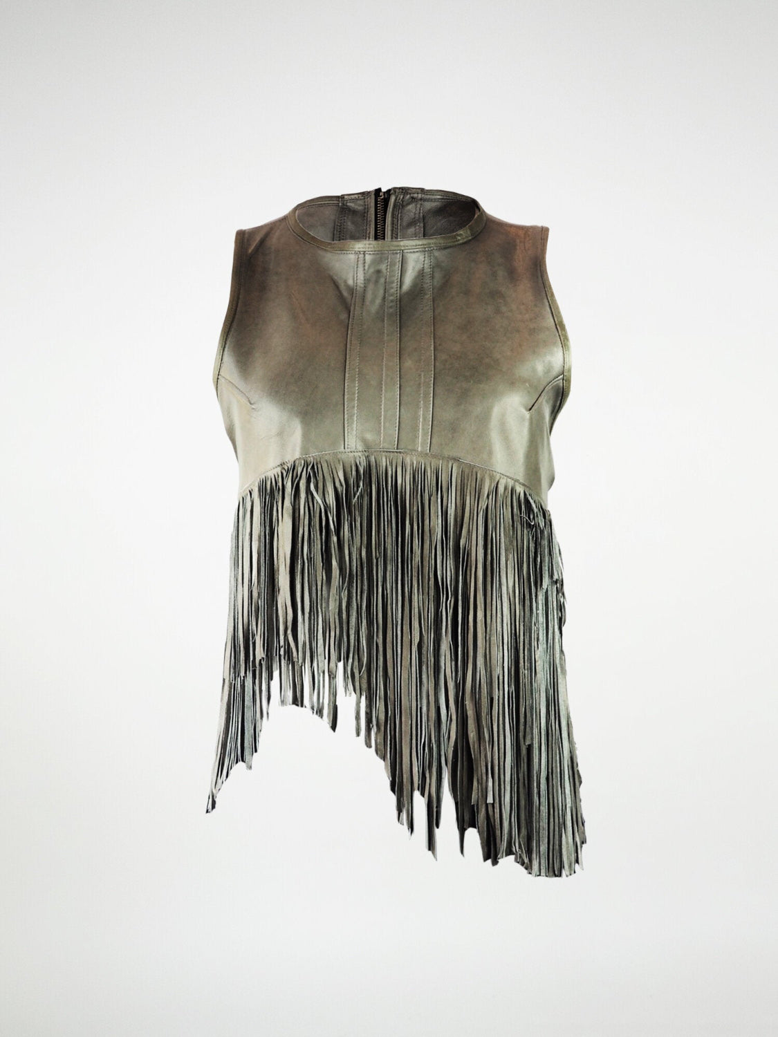 A cropped leather top with hand-cut fringes and a metal zipper closure.