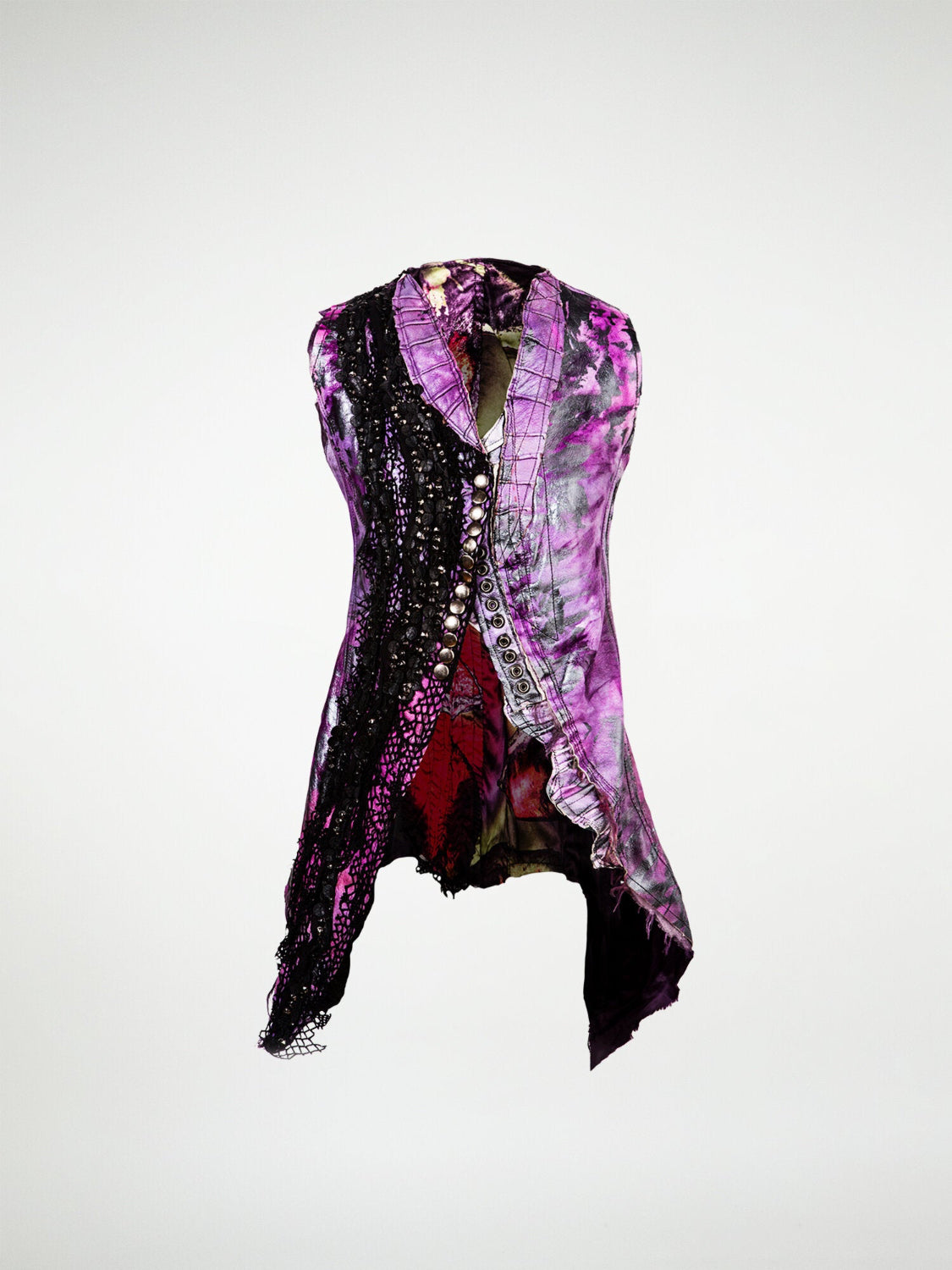 A hand-painted purple leather vest with a leather lace overlay, a raw asymmetrical hem, and lined with silk. It features a metal snap closure.