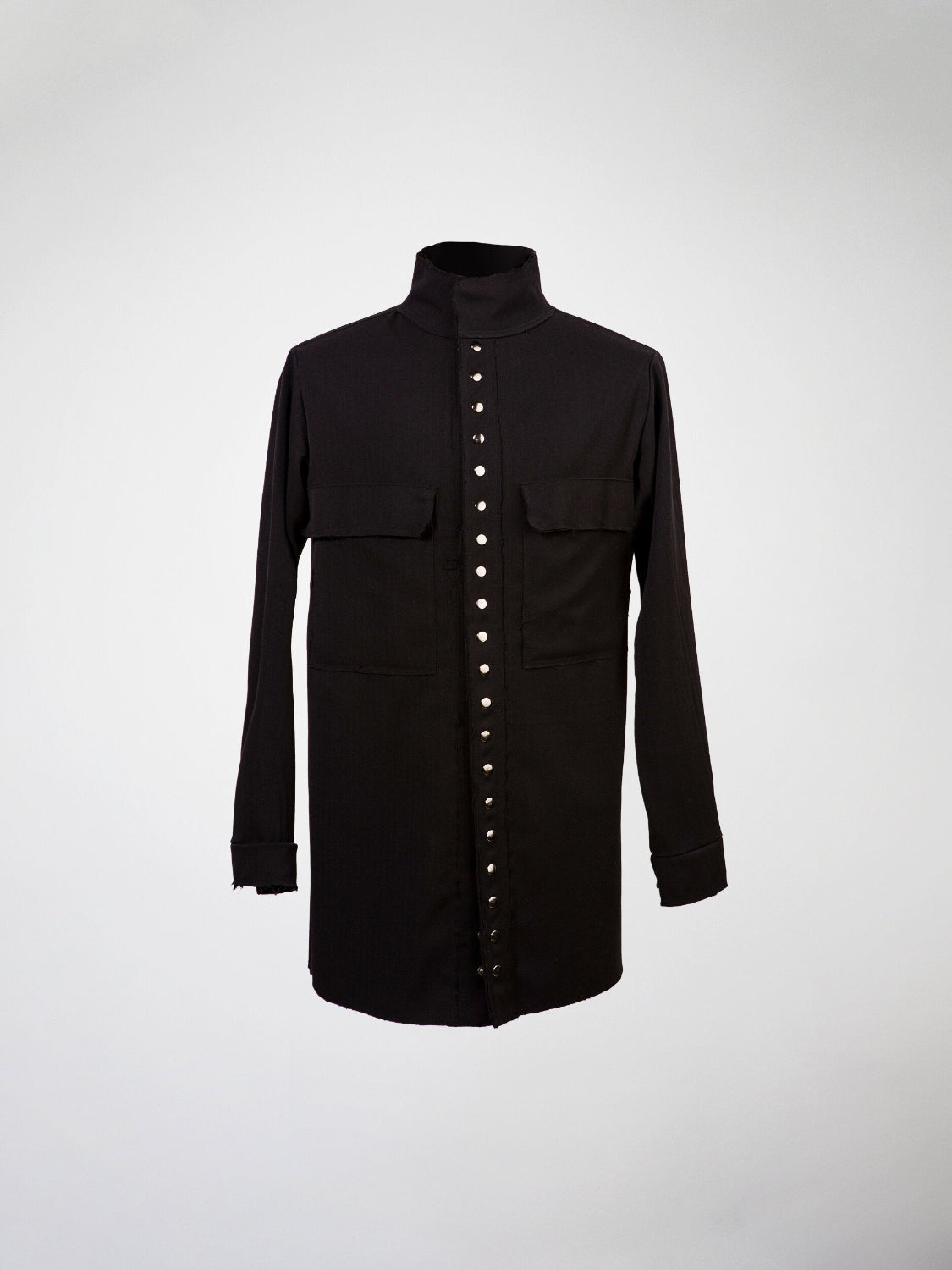 Black long wool button up shirt with metal snaps.